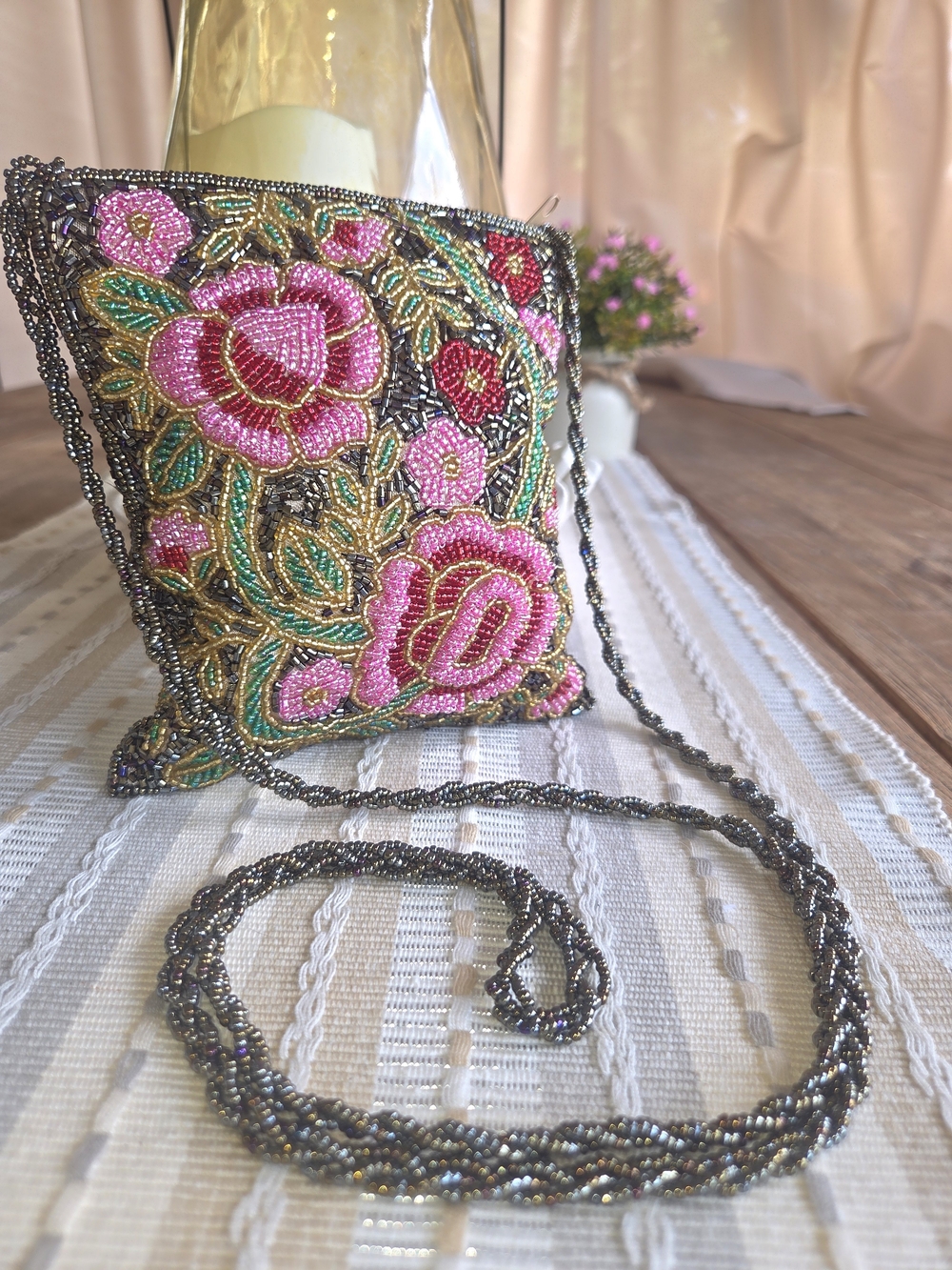 Vintage Gorgeous Beaded Floral Crossbody Bag - Pink & Green Embroidery